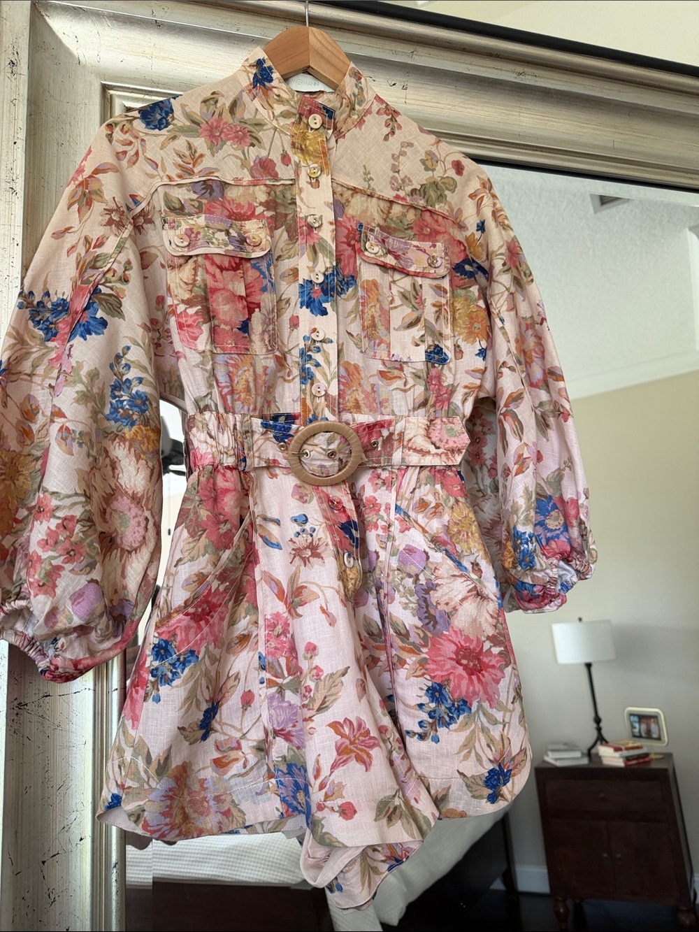 Zimmerman Floral Belted Romper-Pink Multi